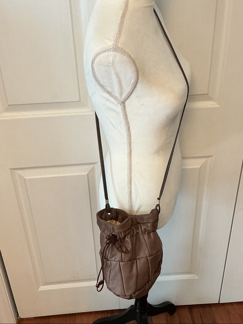 Brown Quilted Leather Drawstring Crossbody Bag
